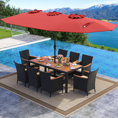 Juego de comedor para exteriores de 10 piezas con sombrilla doble de 4.5 metros