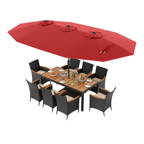 Juego de comedor para exteriores de 10 piezas con sombrilla doble de 4.5 metros