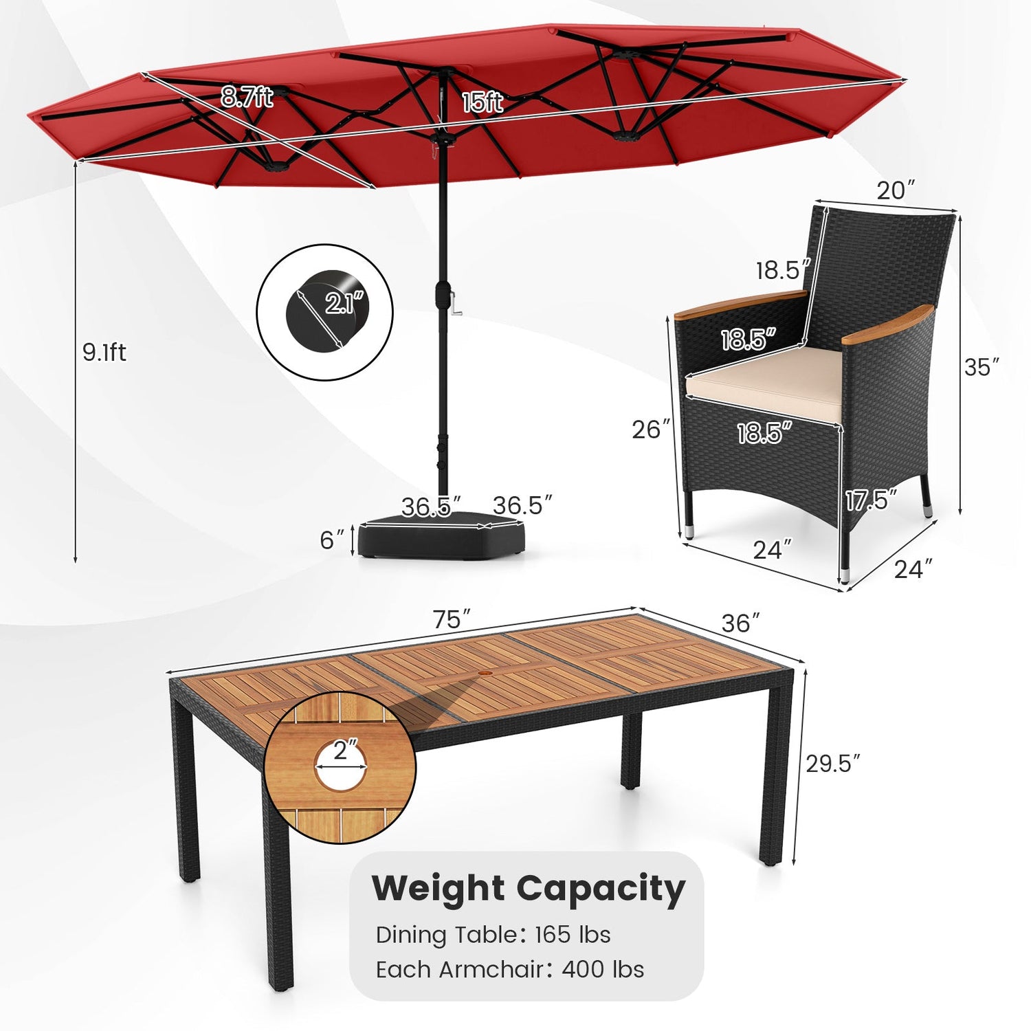 Juego de comedor para exteriores de 10 piezas con sombrilla doble de 4.5 metros