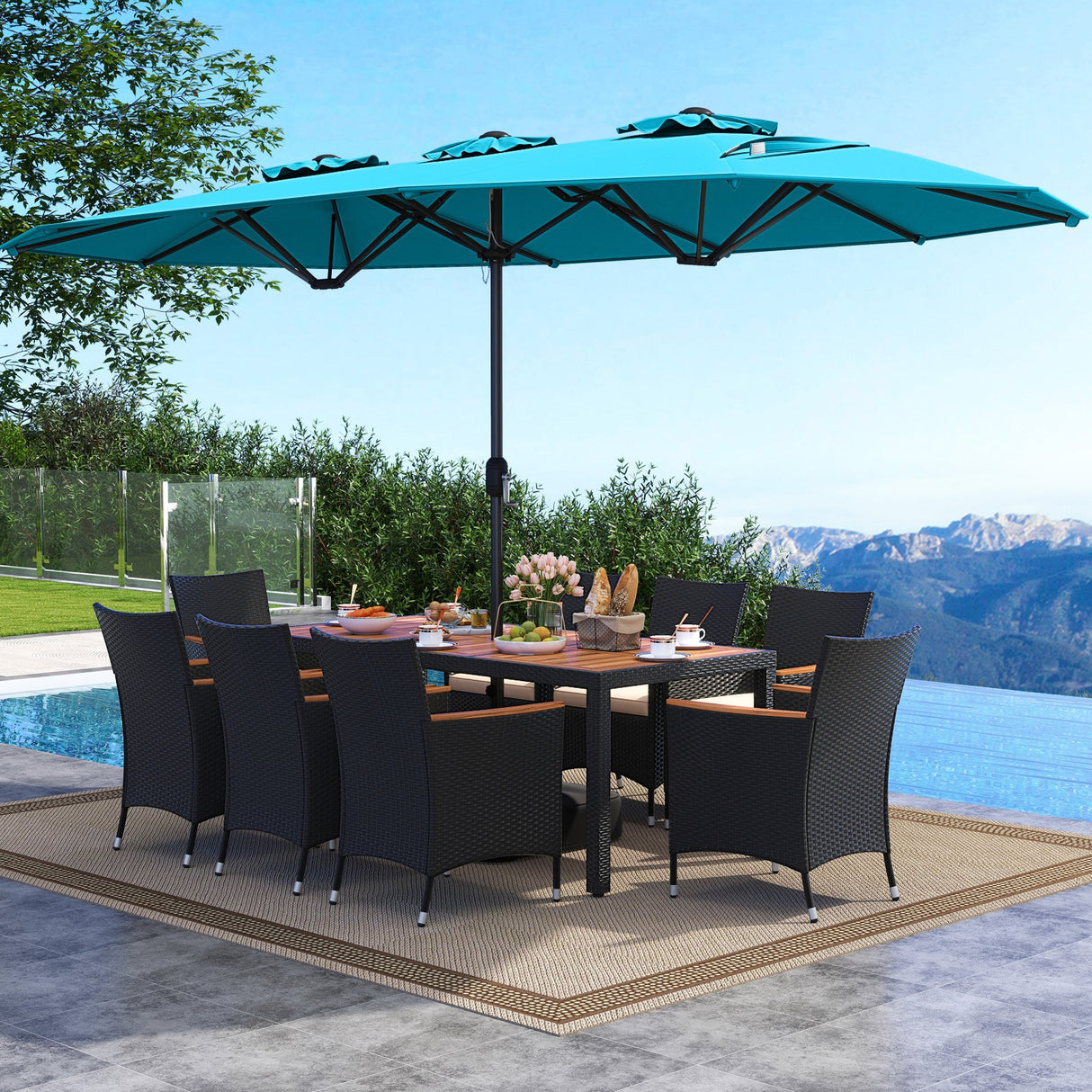 Juego de comedor para exteriores de 10 piezas con sombrilla doble de 4.5 metros