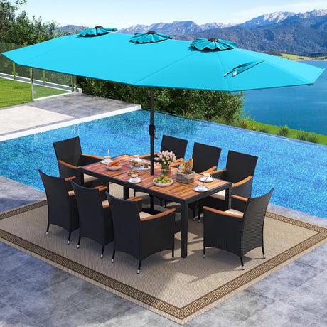 Juego de comedor para exteriores de 10 piezas con sombrilla doble de 4.5 metros