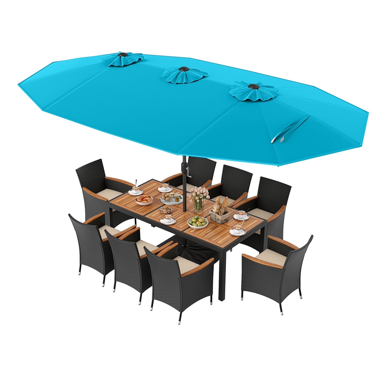 Juego de comedor para exteriores de 10 piezas con sombrilla doble de 4.5 metros