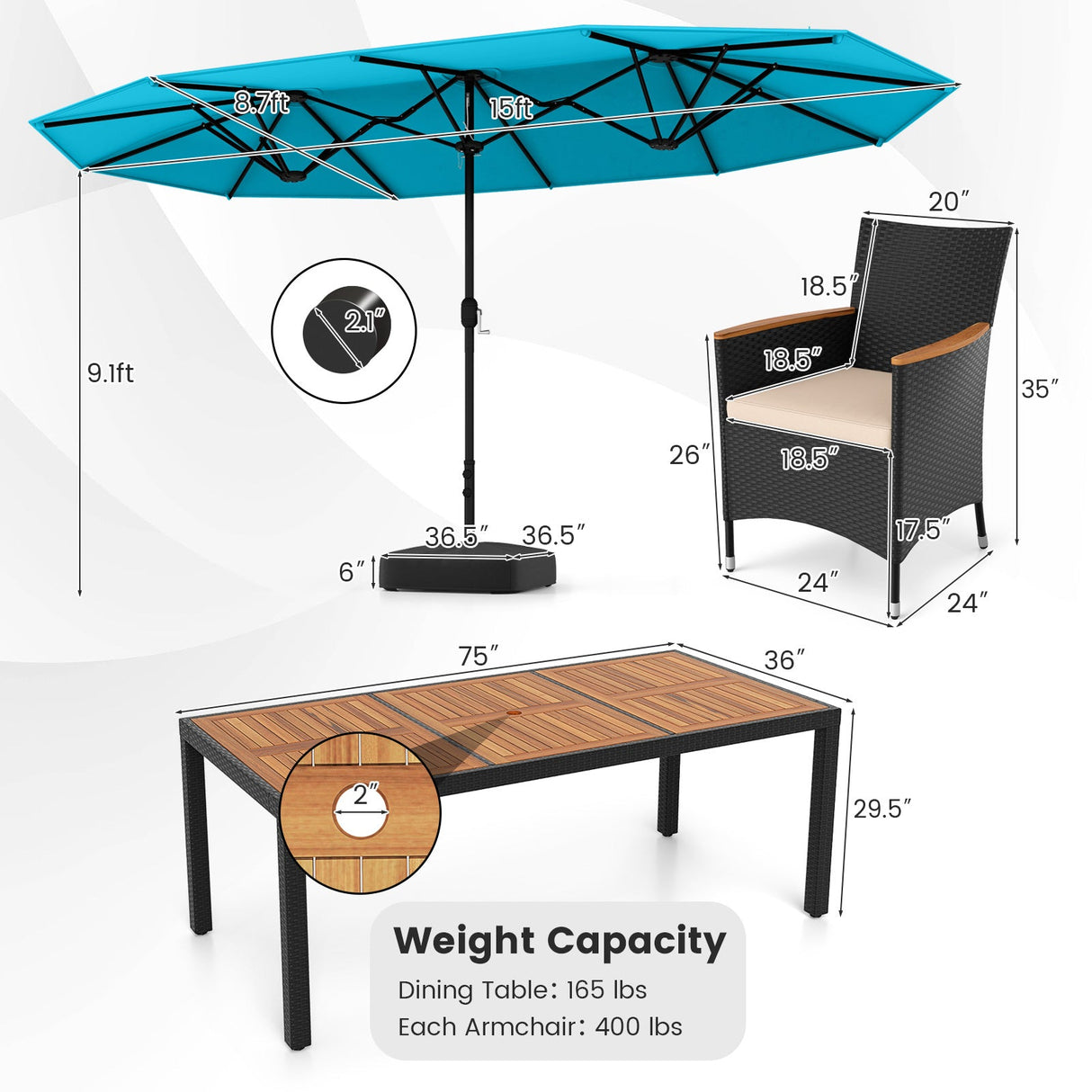 Juego de comedor para exteriores de 10 piezas con sombrilla doble de 4.5 metros