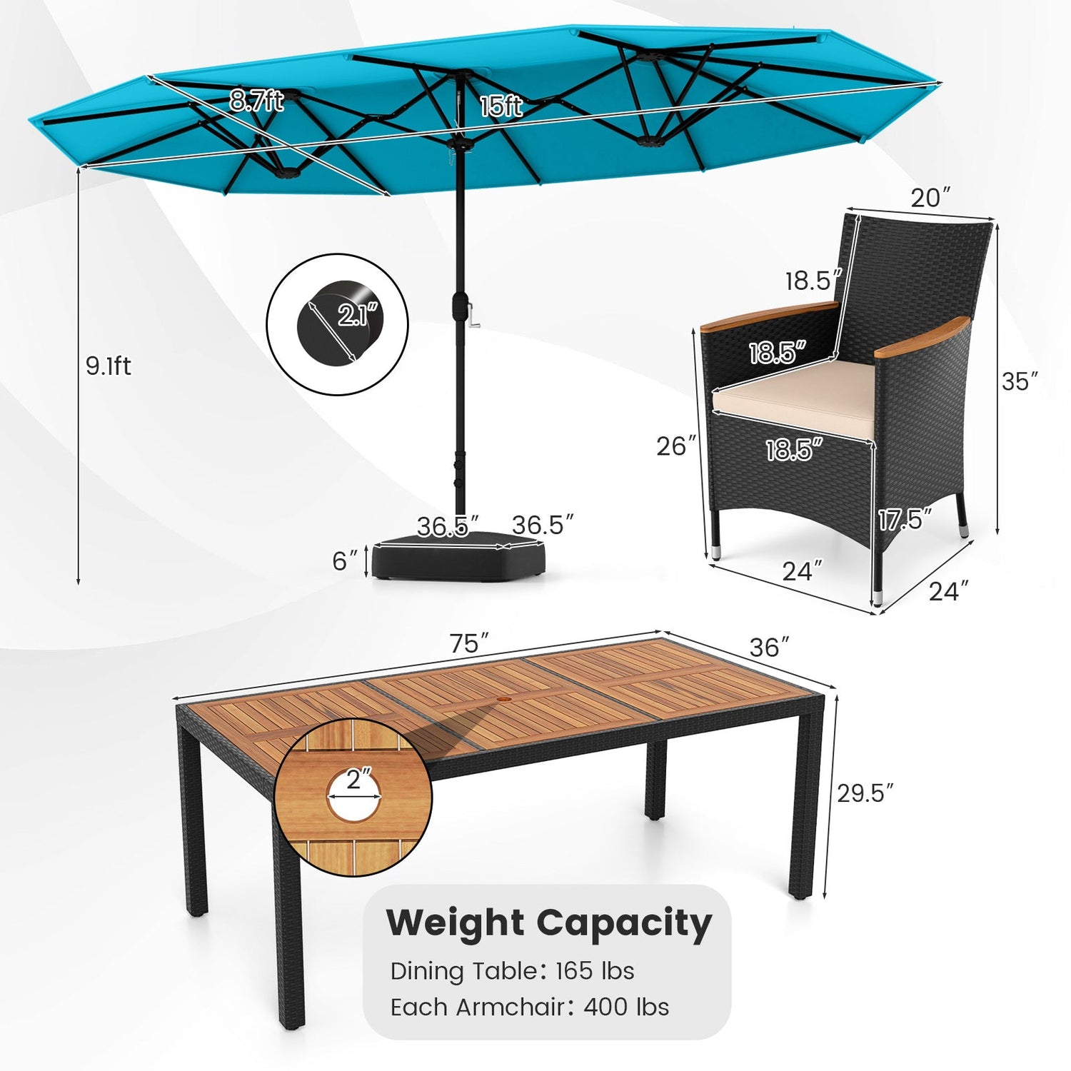 Juego de comedor para exteriores de 10 piezas con sombrilla doble de 4.5 metros