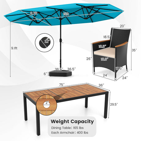 Juego de comedor para exteriores de 10 piezas con sombrilla doble de 4.5 metros
