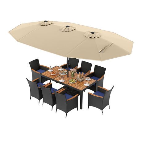 Juego de comedor para patio de 10 piezas con sombrilla doble de 4.5 metros