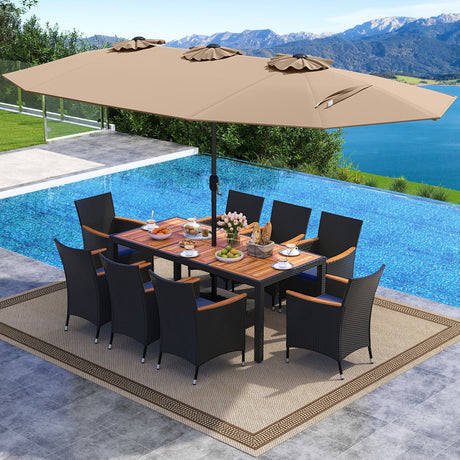Juego de comedor para patio de 10 piezas con sombrilla doble de 4.5 metros
