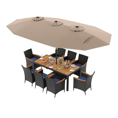 Juego de comedor para patio de 10 piezas con sombrilla doble de 4.5 metros