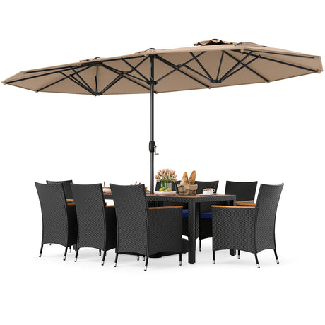 Juego de comedor para patio de 10 piezas con sombrilla doble de 4.5 metros