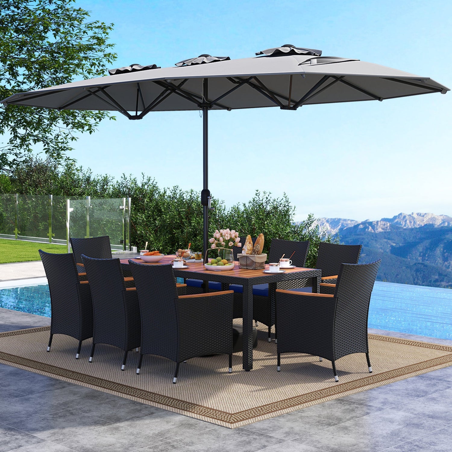 Juego de comedor para patio de 10 piezas con sombrilla doble de 4.5 metros