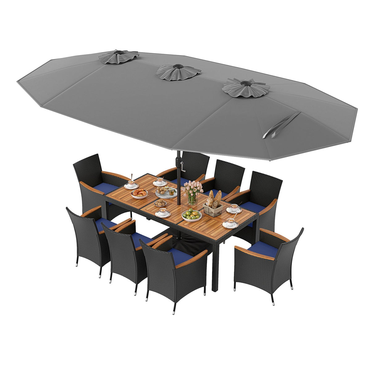 Juego de comedor para patio de 10 piezas con sombrilla doble de 4.5 metros