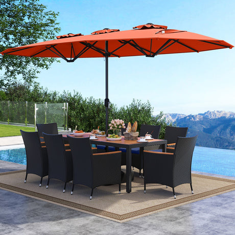 Juego de comedor para patio de 10 piezas con sombrilla doble de 4.5 metros