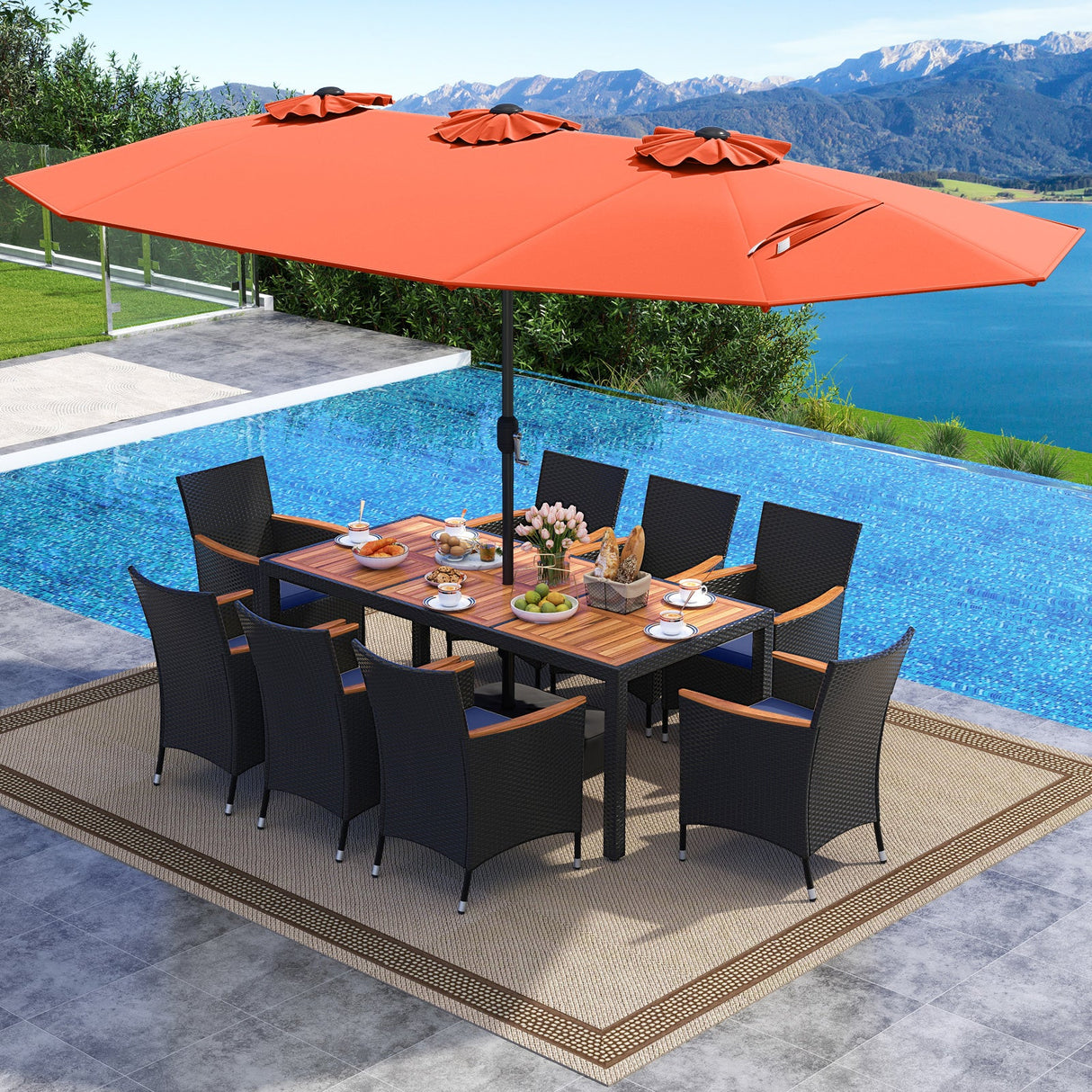 Juego de comedor para patio de 10 piezas con sombrilla doble de 4.5 metros