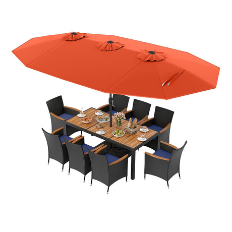 Juego de comedor para patio de 10 piezas con sombrilla doble de 4.5 metros