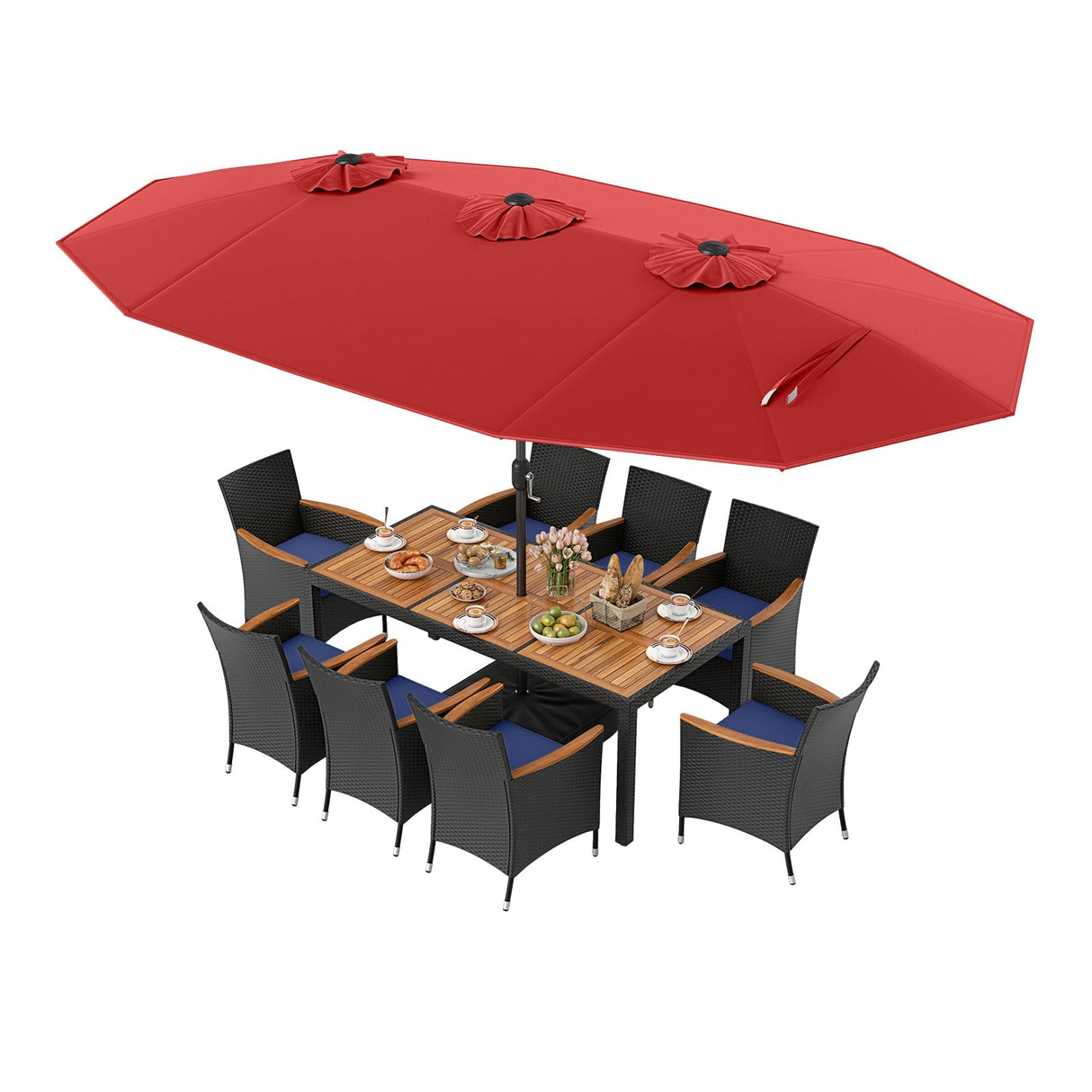 Juego de comedor para patio de 10 piezas con sombrilla doble de 4.5 metros