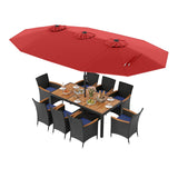 Juego de comedor para patio de 10 piezas con sombrilla doble de 4.5 metros