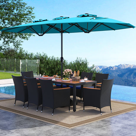 Juego de comedor para patio de 10 piezas con sombrilla doble de 4.5 metros