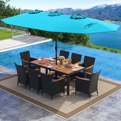 Juego de comedor para patio de 10 piezas con sombrilla doble de 4.5 metros