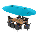 Juego de comedor para patio de 10 piezas con sombrilla doble de 4.5 metros