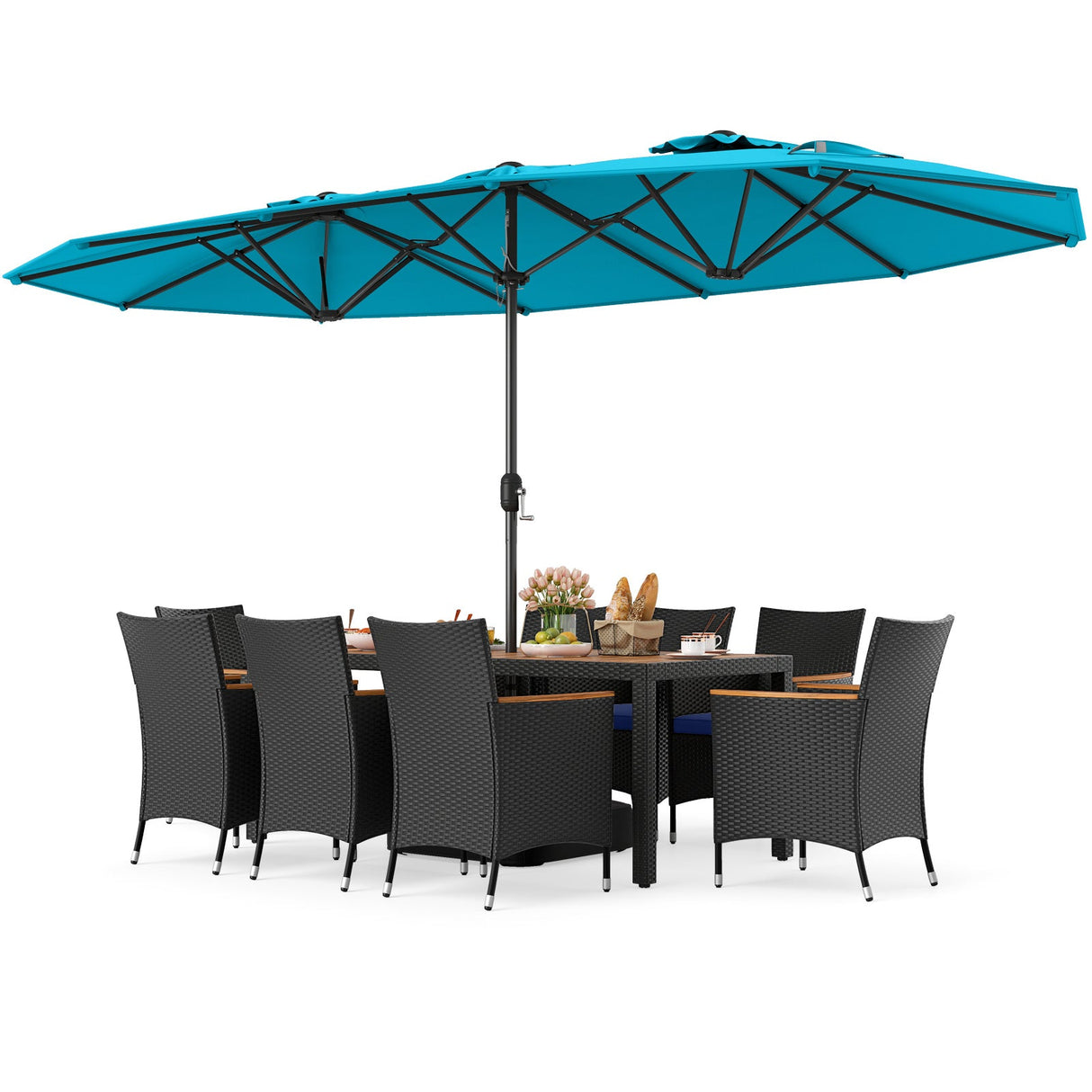 Juego de comedor para patio de 10 piezas con sombrilla doble de 4.5 metros