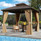 Cenador de Techo Duro de 10 X 10 Pies con Mosquitero y Cortina para Patio Trasero - Café