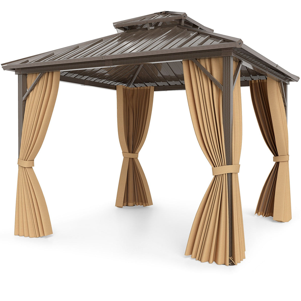 Cenador de Techo Duro de 10 X 10 Pies con Mosquitero y Cortina para Patio Trasero - Café