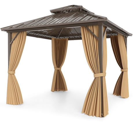 Cenador de Techo Duro de 10 X 10 Pies con Mosquitero y Cortina para Patio Trasero - Café