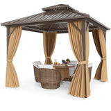 Cenador de Techo Duro de 10 X 10 Pies con Mosquitero y Cortina para Patio Trasero - Café