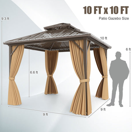 Cenador de Techo Duro de 10 X 10 Pies con Mosquitero y Cortina para Patio Trasero - Café