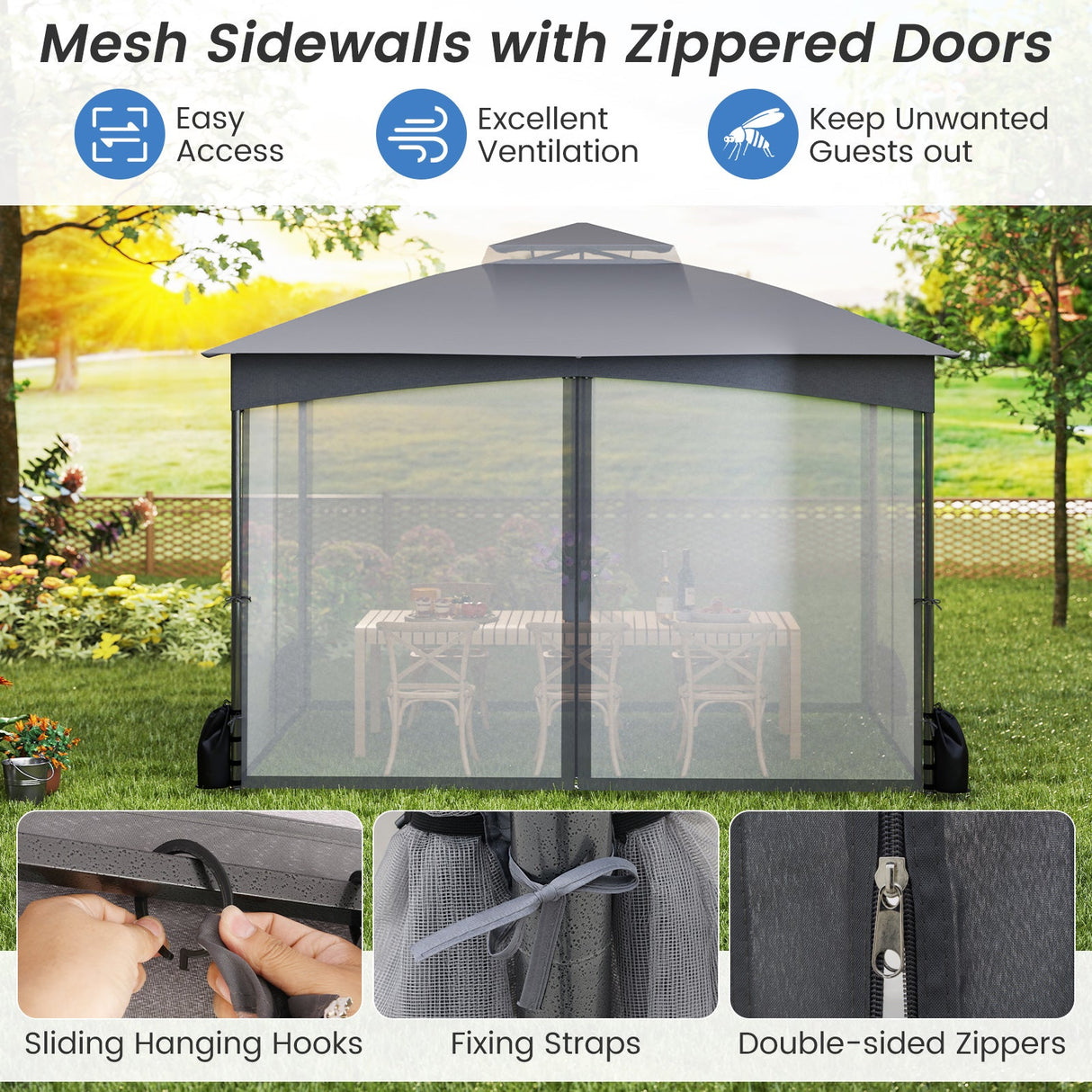 10 X 12 FT Patio Gazebo with Netting Walls with 4 Sandbags