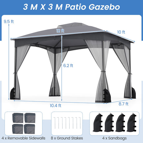 Cenador de patio de 3 x 3.6 m con paredes de malla y 4 sacos de arena
