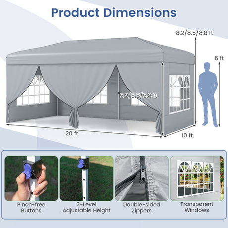 Carpa Pop-Up de 10 x 20 Pies de Montaje Instantáneo con 6 Paredes Laterales