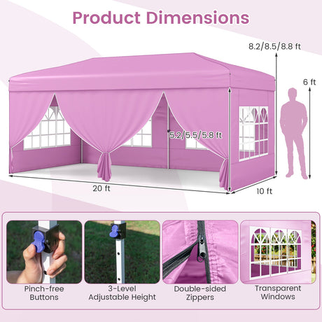 Carpa Pop-Up de 10 x 20 Pies de Montaje Instantáneo con 6 Paredes Laterales