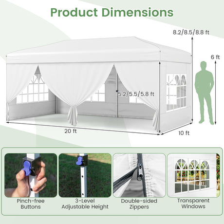 Carpa Pop-Up de 10 x 20 Pies de Montaje Instantáneo con 6 Paredes Laterales