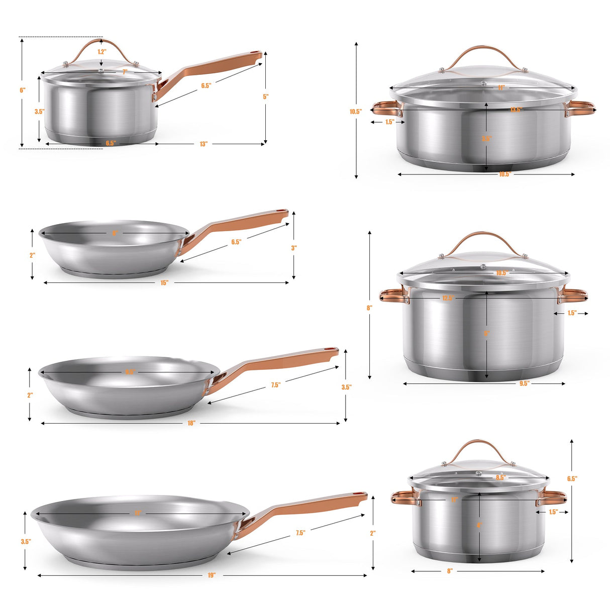 Juego de utensilios de cocina de acero inoxidable de 11 piezas con asas doradas que no se calientan
