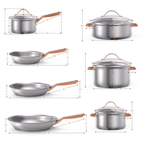 Juego de utensilios de cocina de acero inoxidable de 11 piezas con asas doradas que no se calientan