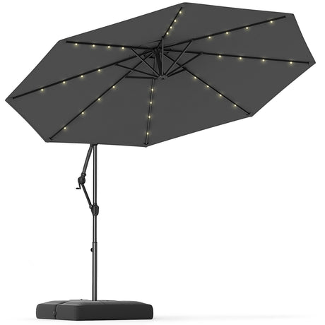 Sombrilla colgante con brazo lateral solar de 10 pies, con base y 32 luces LED - Gris