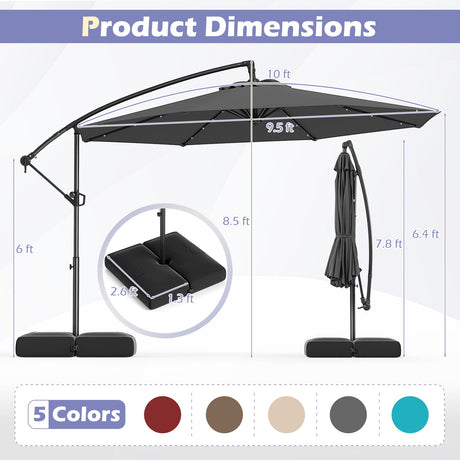 Sombrilla colgante con brazo lateral solar de 10 pies, con base y 32 luces LED - Gris