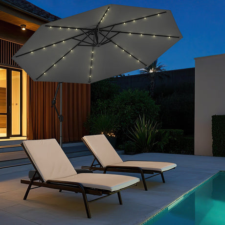 Sombrilla colgante con brazo lateral solar de 10 pies, con base y 32 luces LED - Gris
