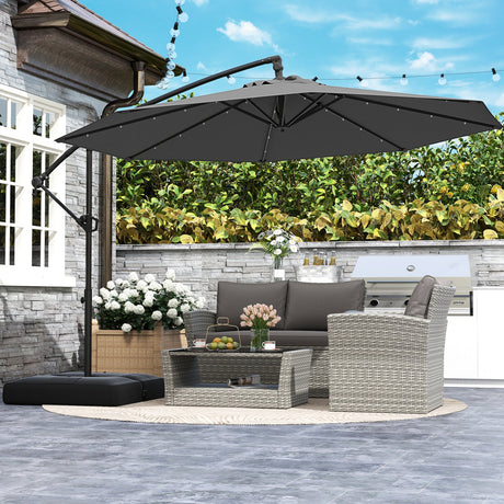Sombrilla colgante con brazo lateral solar de 10 pies, con base y 32 luces LED - Gris