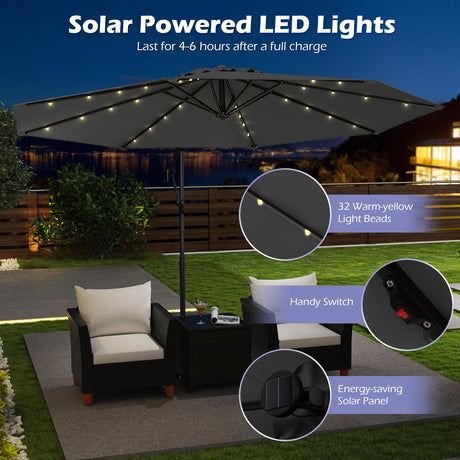 Sombrilla colgante con brazo lateral solar de 10 pies, con base y 32 luces LED - Gris