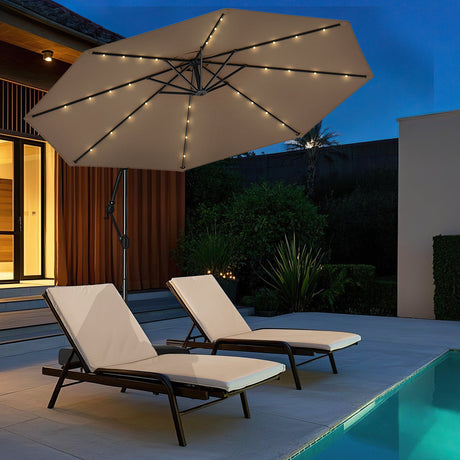 Sombrilla Colgante Solar de 10 Pies con Base y 32 Luces LED - Taupé