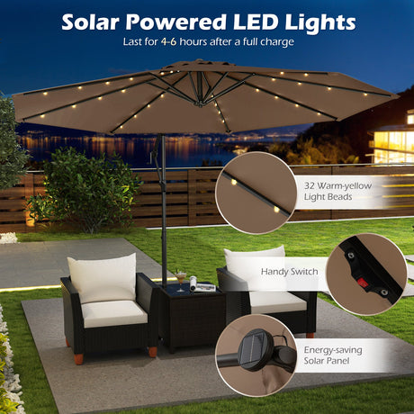 Sombrilla Colgante Solar de 10 Pies con Base y 32 Luces LED - Taupé