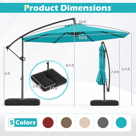 Sombrilla colgante solar de 10 pies con base y 32 luces LED - Turquesa
