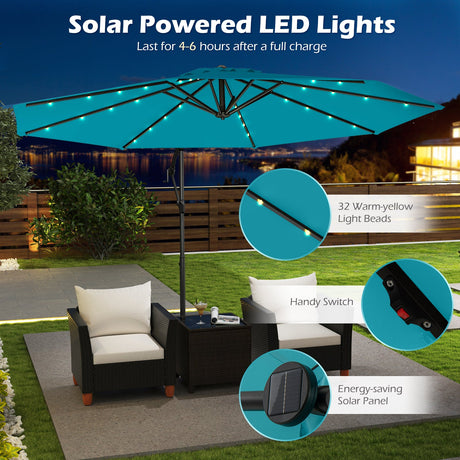 Sombrilla colgante solar de 10 pies con base y 32 luces LED - Turquesa
