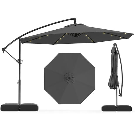 Sombrilla colgante con brazo lateral solar de 10 pies, con base y 32 luces LED - Gris