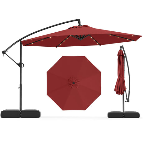 Sombrilla voladiza solar de 3 metros con base y 32 luces LED - Color vino