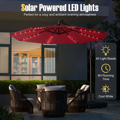 Sombrilla de patio de 10 pies, tipo parasol voladizo lateral con 40 luces solares