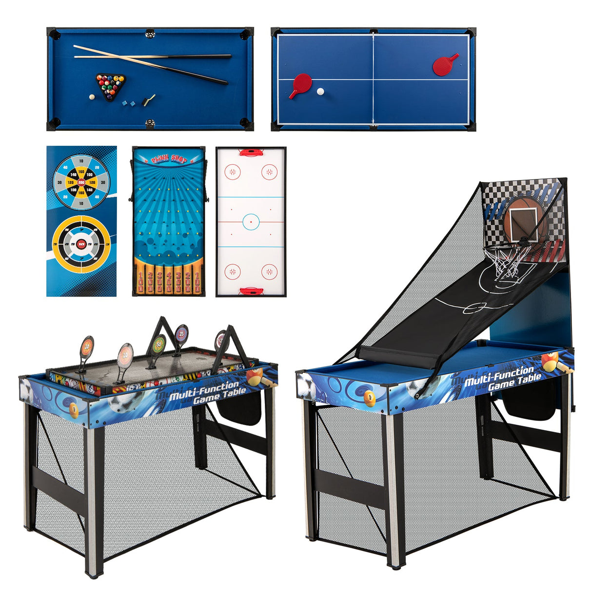 Juego de mesa de juegos combinados 10 en 1 con tenis de mesa, baloncesto y fútbol - Azul
