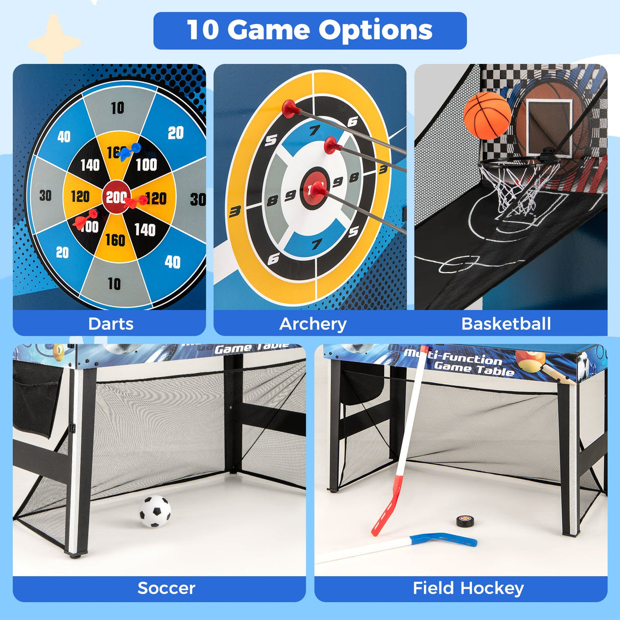 Juego de mesa de juegos combinados 10 en 1 con tenis de mesa, baloncesto y fútbol - Azul